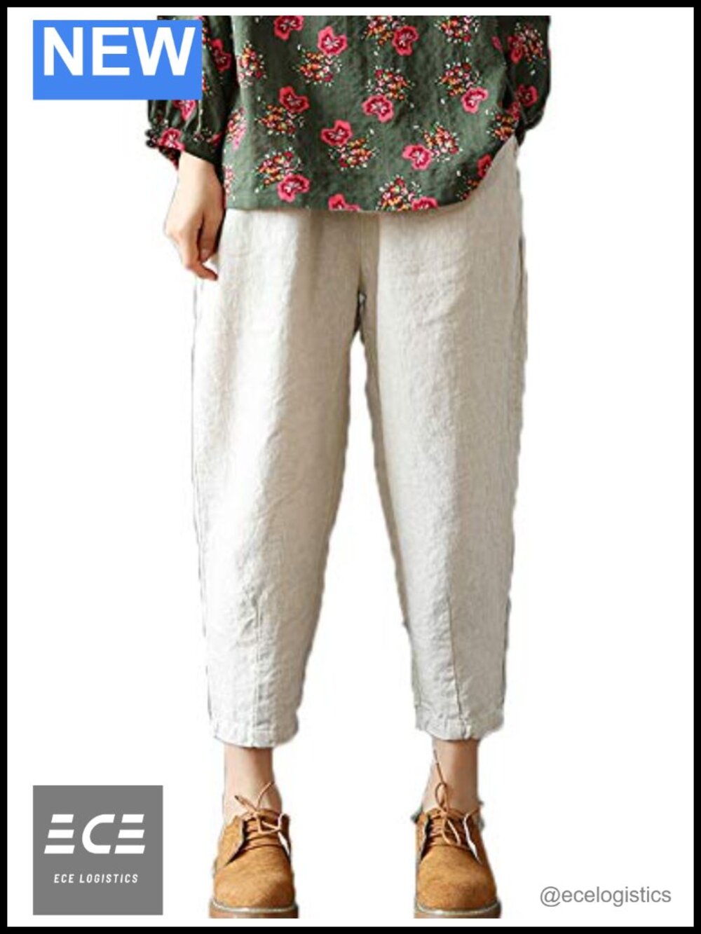 Linen Cropped Capri Pants Tapered Ankle Trousers Elastic Waist